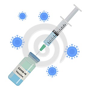 Vaccination, the vaccine against the coronavirus Ncov-19. Syringe and flat icons of the vaccine bottle. photo